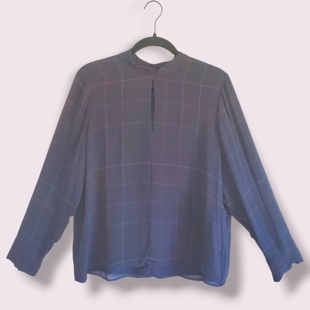 Ecru Women's Navy‎ Grid Print Mock Neck Keyhole Long Sleeve Blouse Top Size L